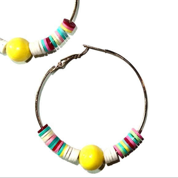 Oh Happy Day, Gold Hoop Smiley Face Colorful Beaded Earrings - Picture 7 of 11